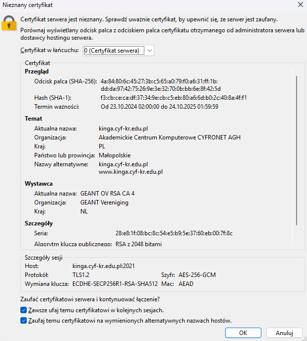 Certyfikat SSL w FileZilla