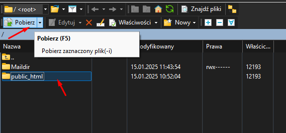 Zaznaczenie katalogu public_html w WinSCP