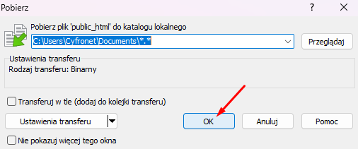 Wybór miejsca zapisu w WinSCP